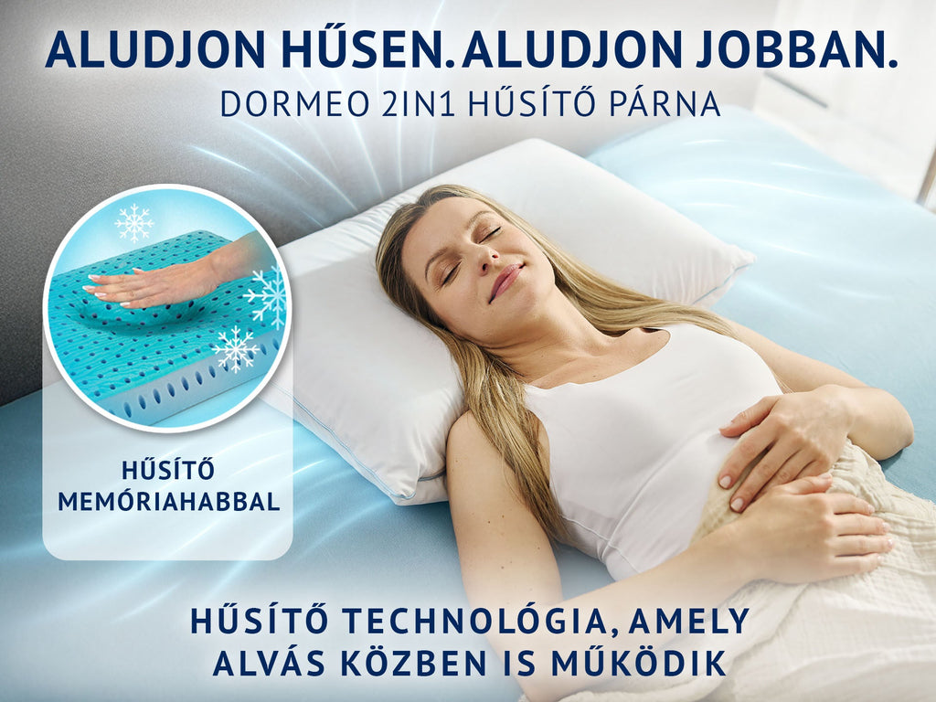 Nő a Dormeo 2in1 hűsítő klasszikus párnán, a memóriahabos oldalt bemutató képen